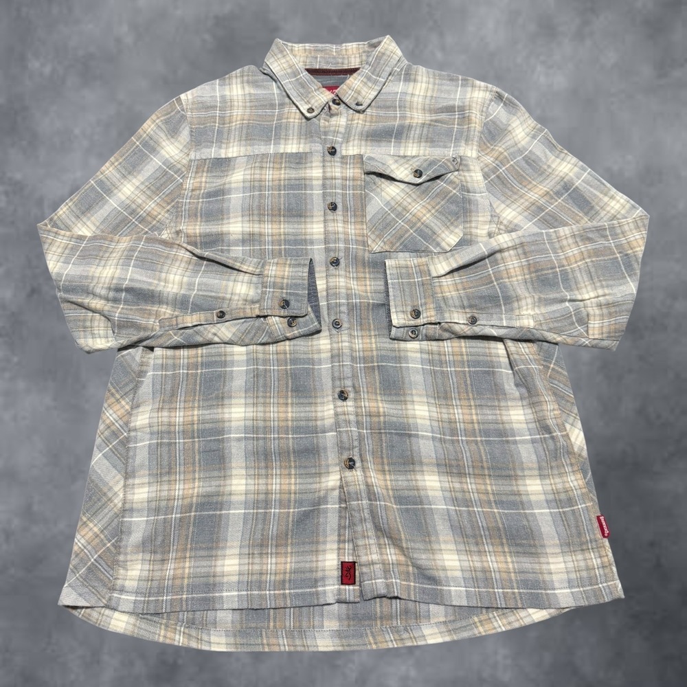 Browning Heritage Collection Mens Large Grey Tan Plaid Button Down Flannel Shirt